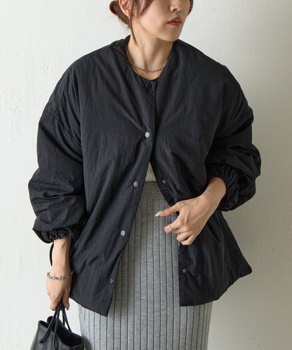 側拉鍊無領加棉夾克