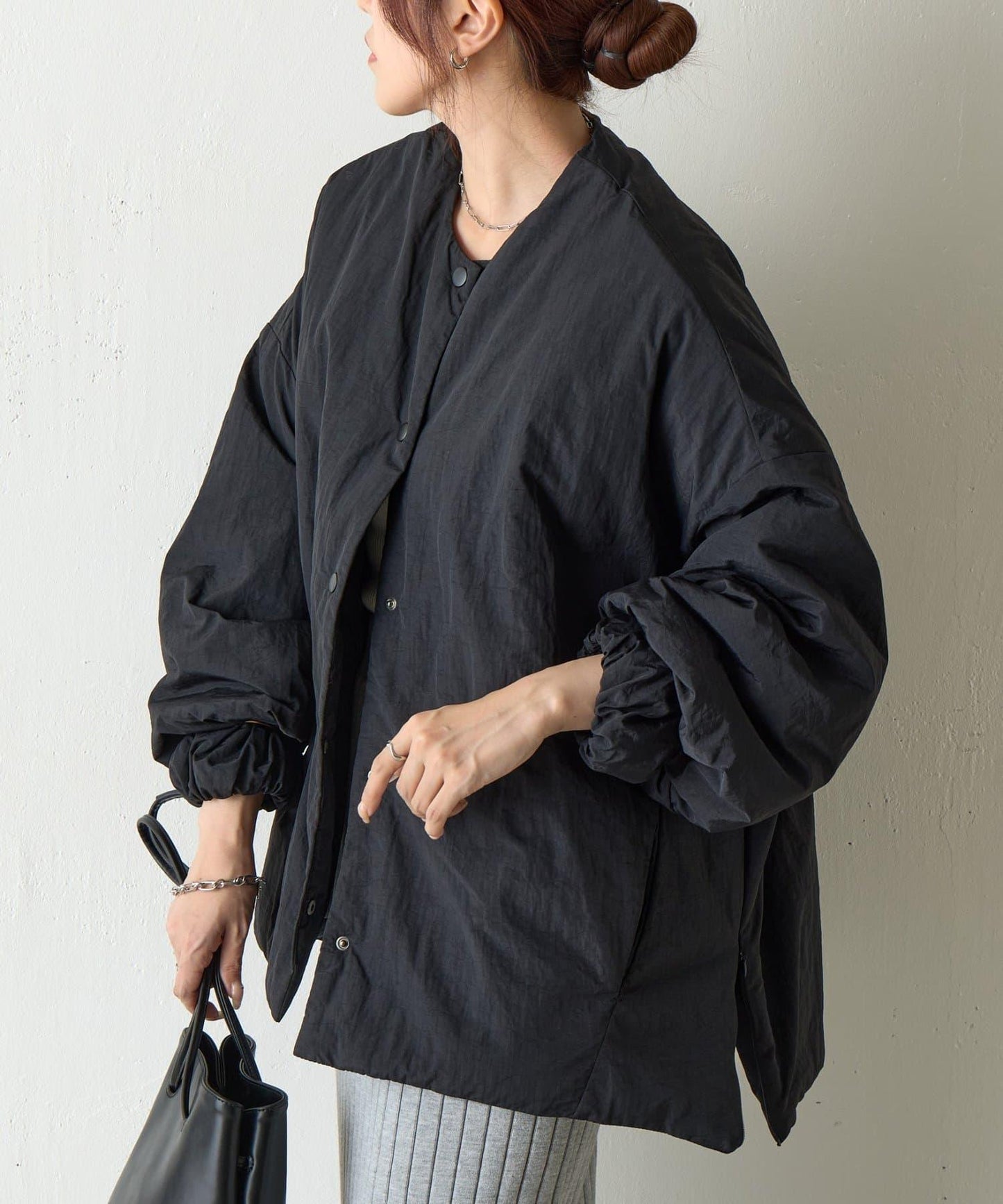 側拉鍊無領加棉夾克