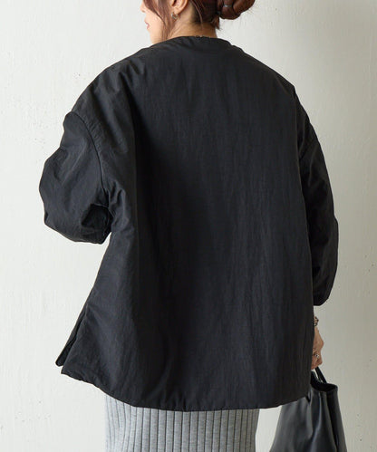 側拉鍊無領加棉夾克