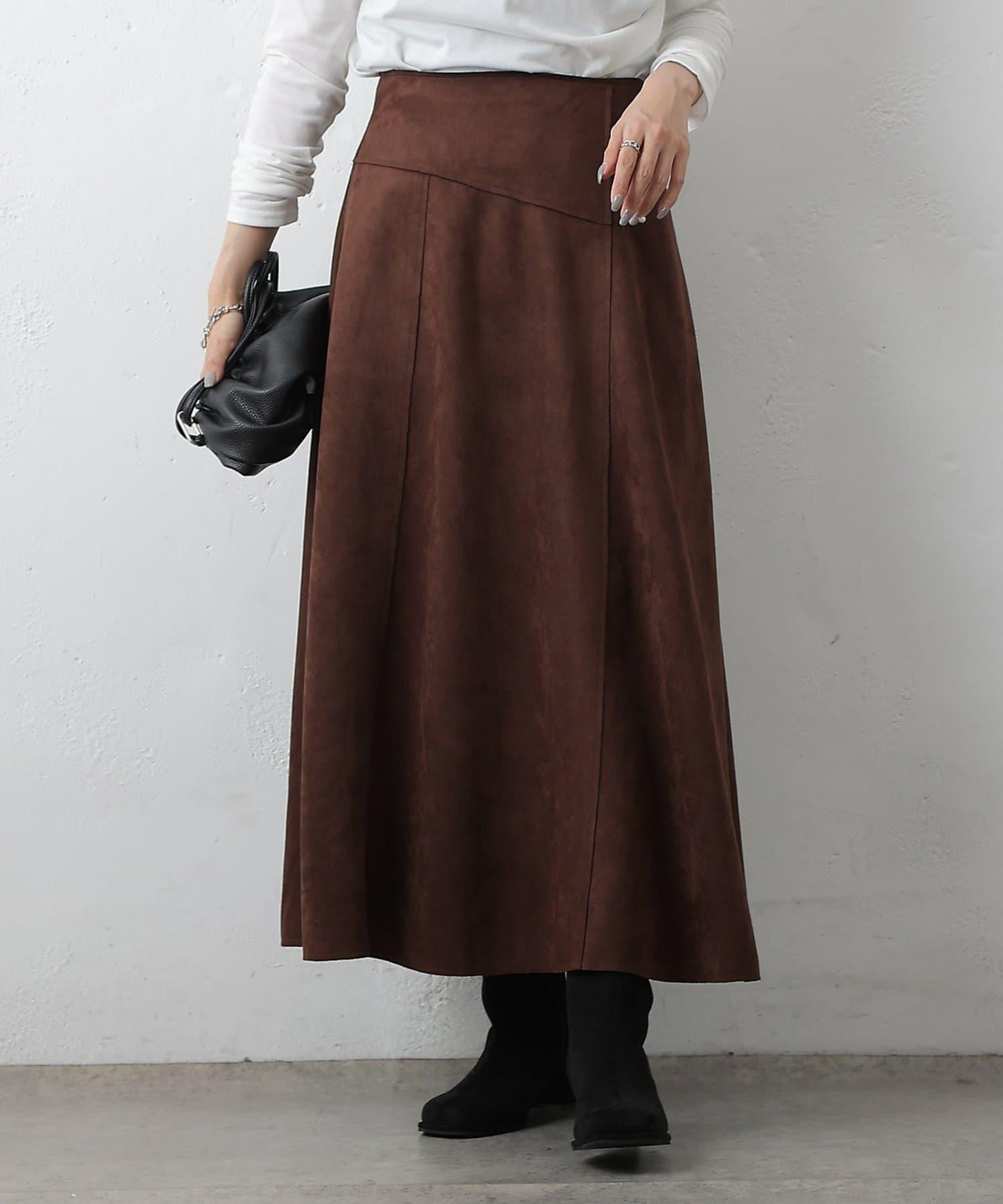 麂皮拼接喇叭裙