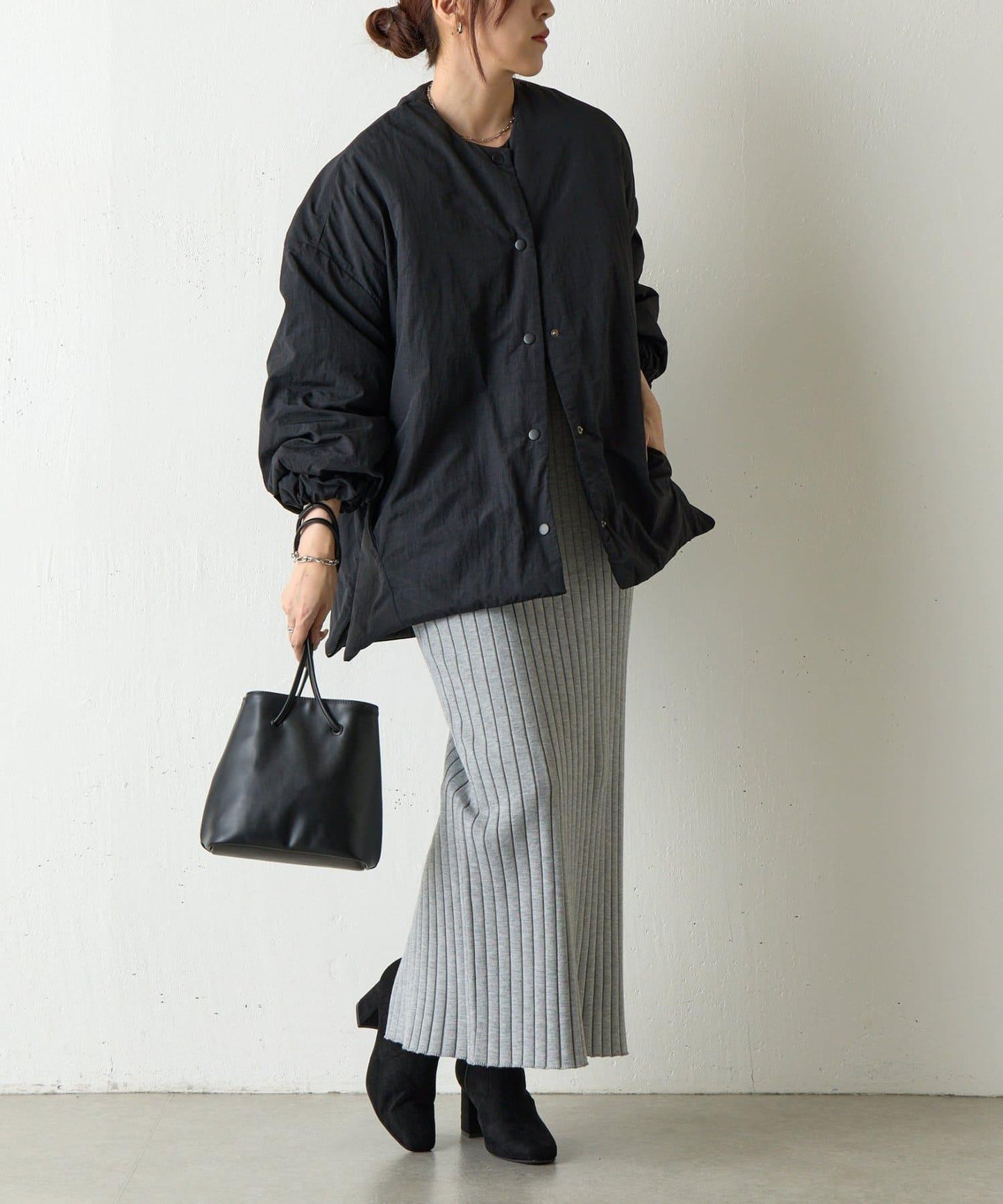 側拉鍊無領加棉夾克