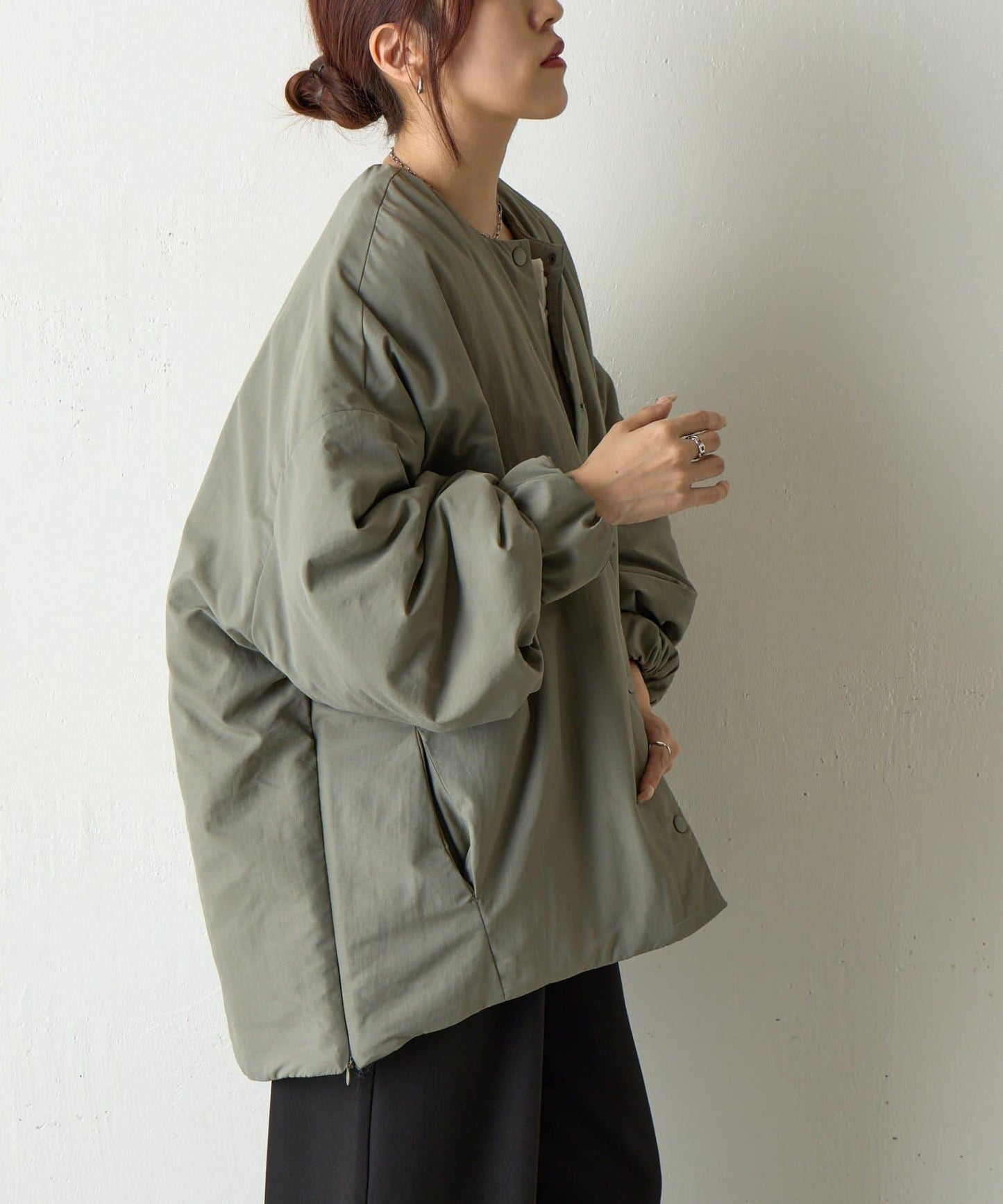 側拉鍊無領加棉夾克