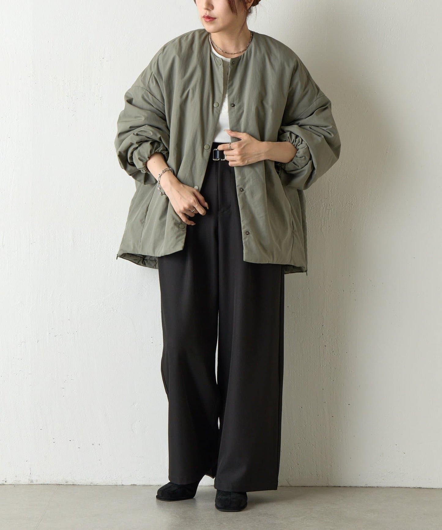 側拉鍊無領加棉夾克