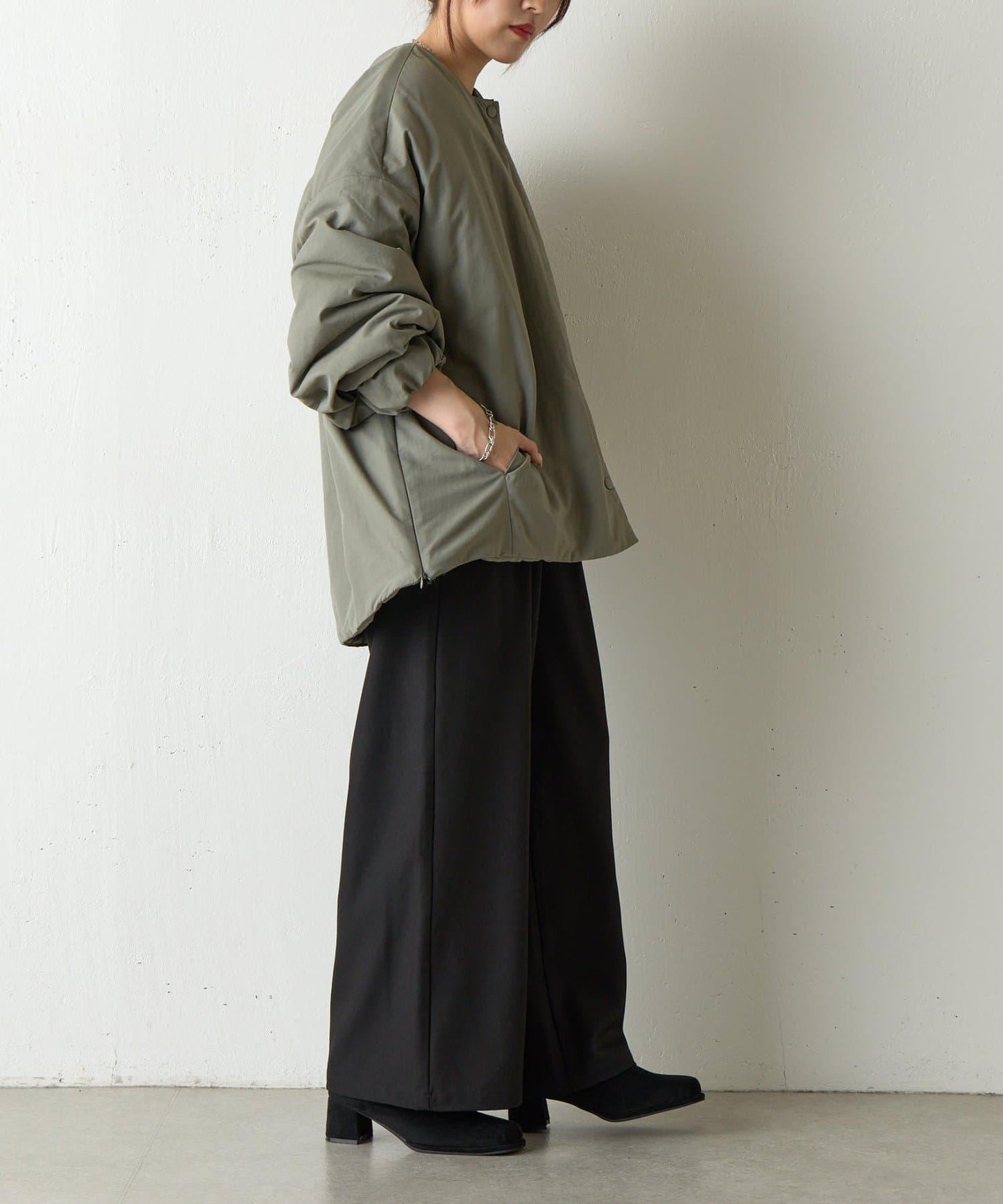 側拉鍊無領加棉夾克