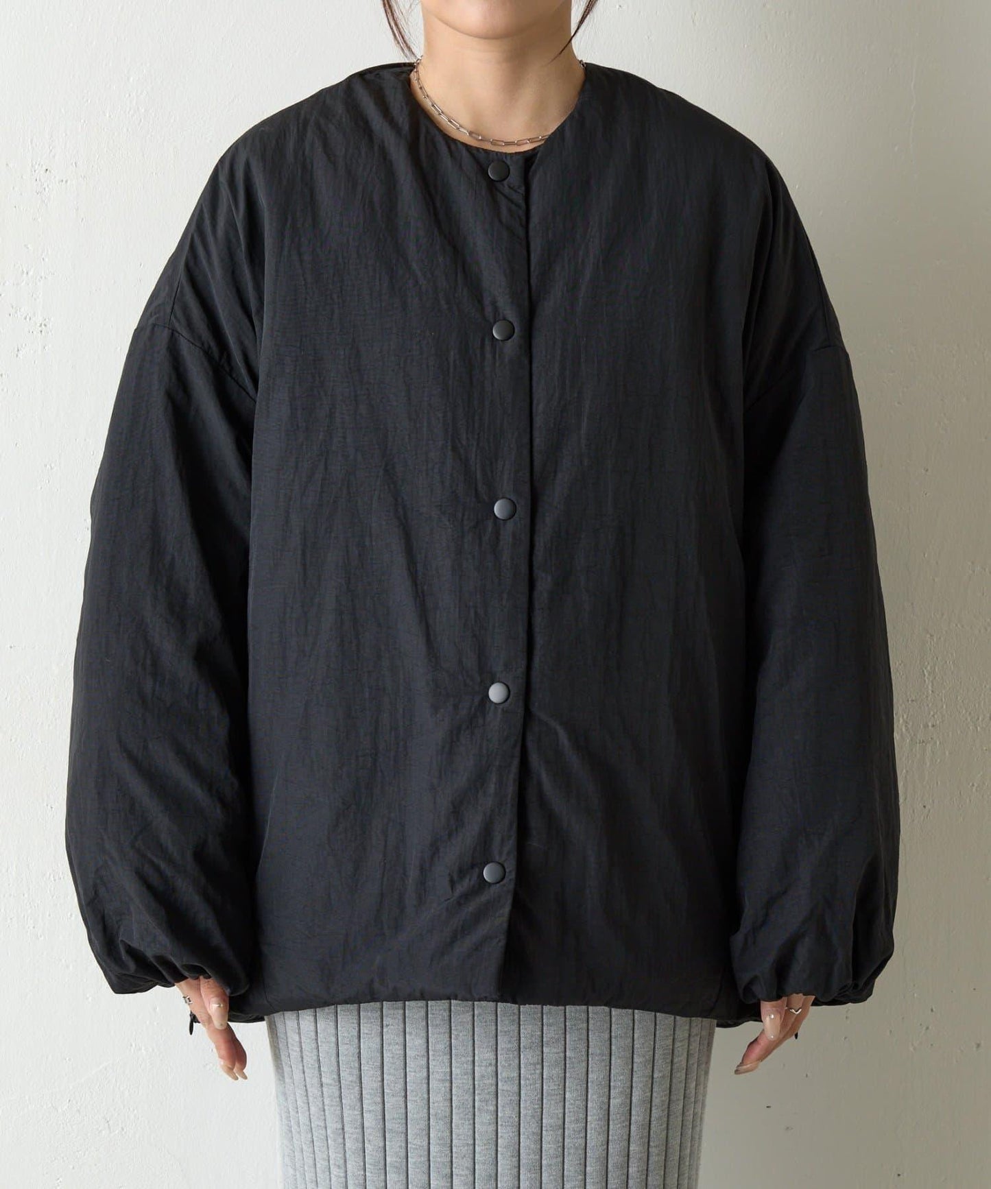 側拉鍊無領加棉夾克