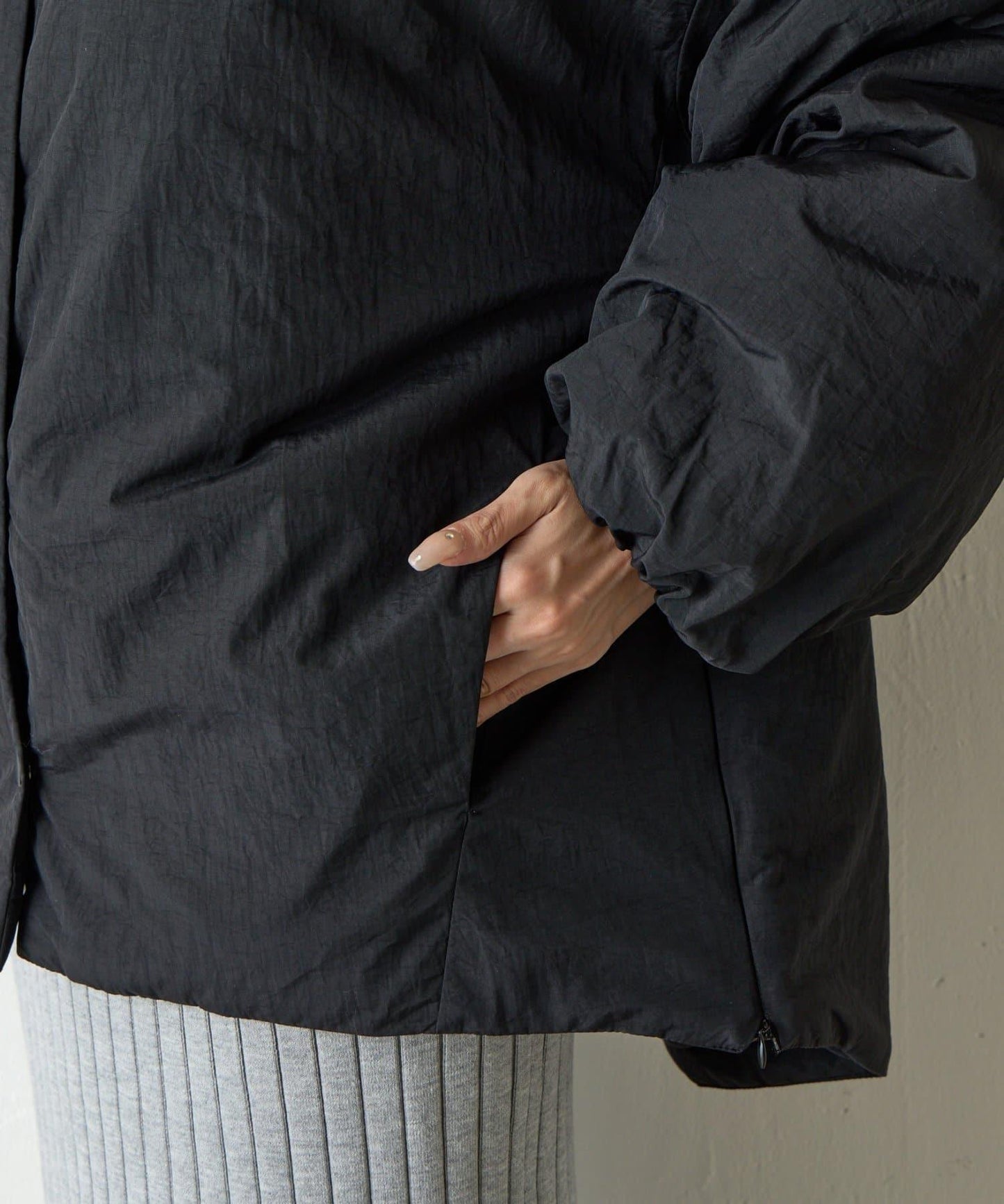 側拉鍊無領加棉夾克