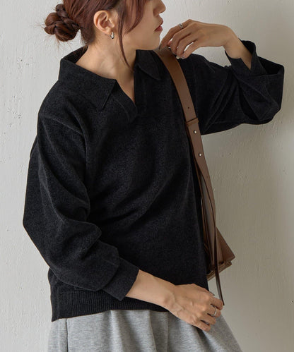 天鵝絨紗線開領翻領針織衫