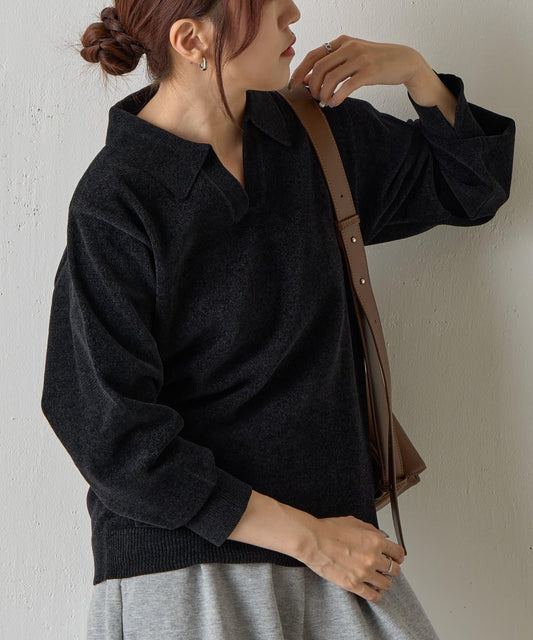 天鵝絨紗線開領翻領針織衫