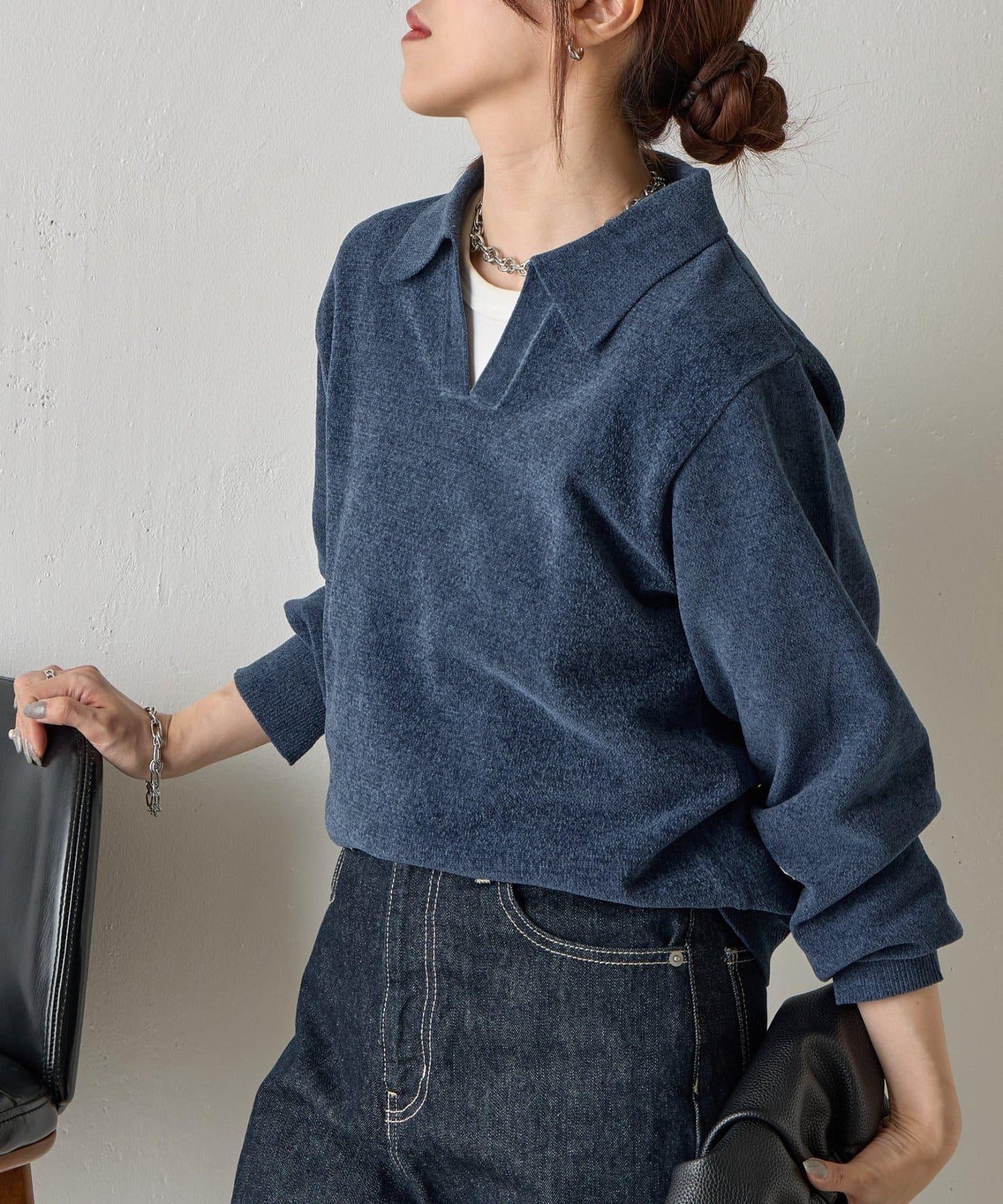 天鵝絨紗線開領翻領針織衫