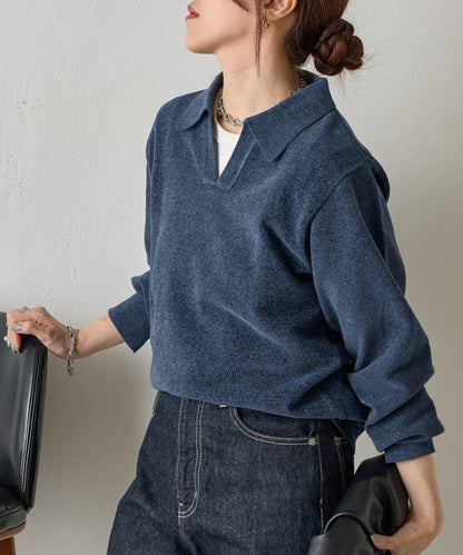 天鵝絨紗線開領翻領針織衫