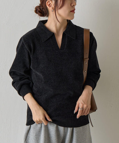 天鵝絨紗線開領翻領針織衫