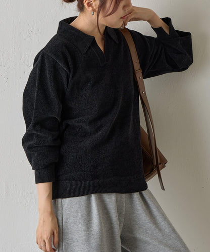 天鵝絨紗線開領翻領針織衫