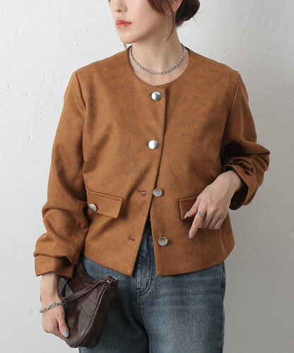麂皮無領夾克