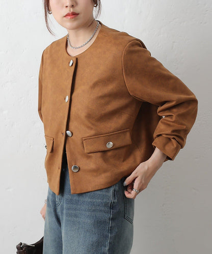 麂皮無領夾克