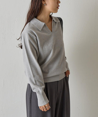 天鵝絨紗線開領翻領針織衫