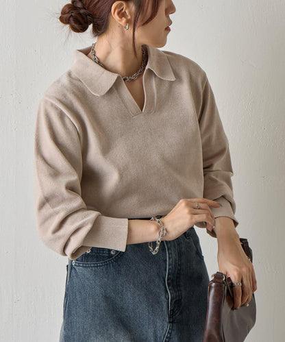 天鵝絨紗線開領翻領針織衫