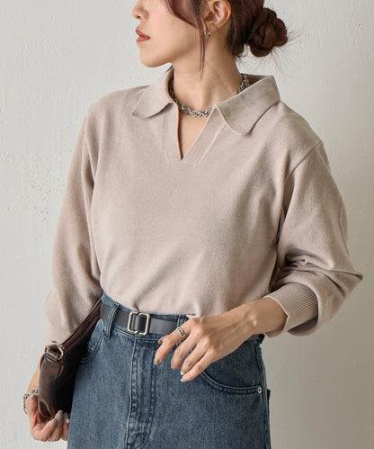 天鵝絨紗線開領翻領針織衫