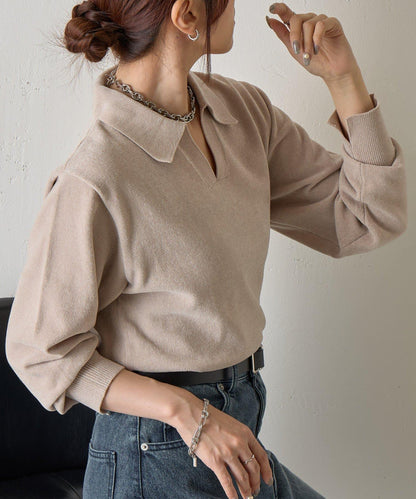 天鵝絨紗線開領翻領針織衫