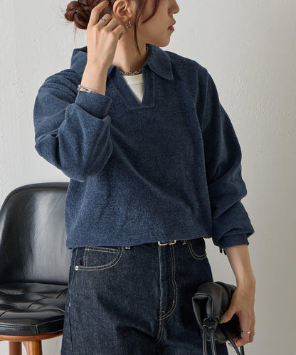 天鵝絨紗線開領翻領針織衫