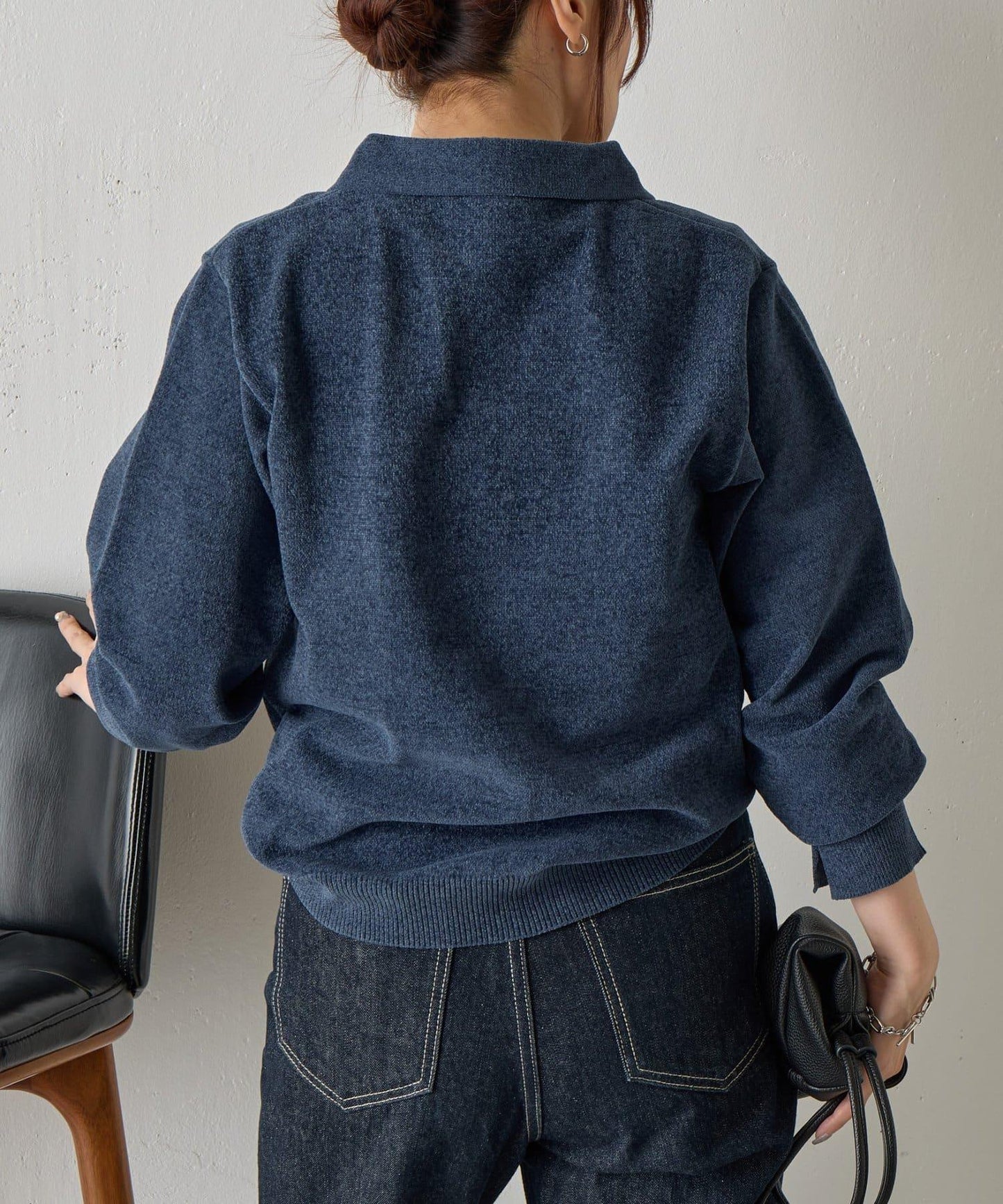 天鵝絨紗線開領翻領針織衫