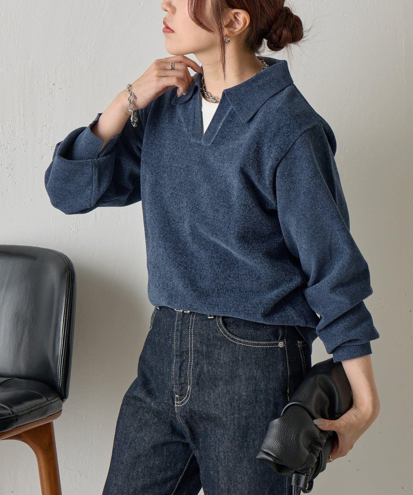 天鵝絨紗線開領翻領針織衫