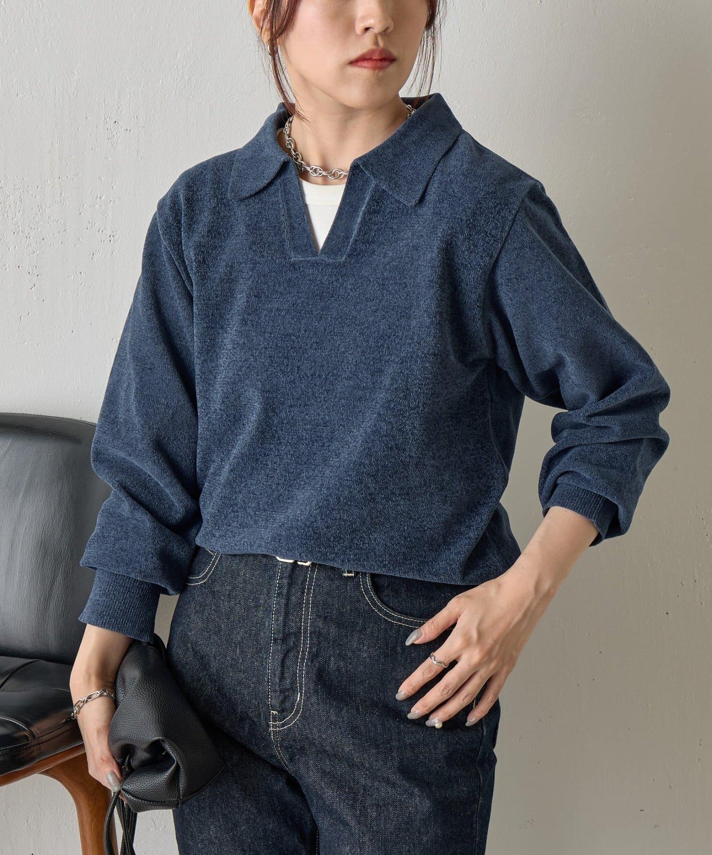 天鵝絨紗線開領翻領針織衫