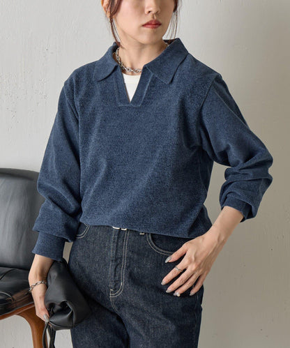 天鵝絨紗線開領翻領針織衫