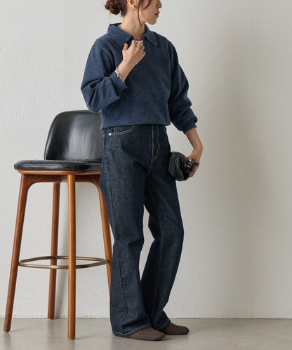 天鵝絨紗線開領翻領針織衫