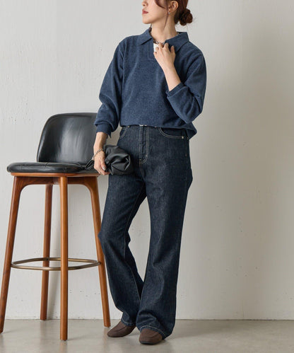 天鵝絨紗線開領翻領針織衫