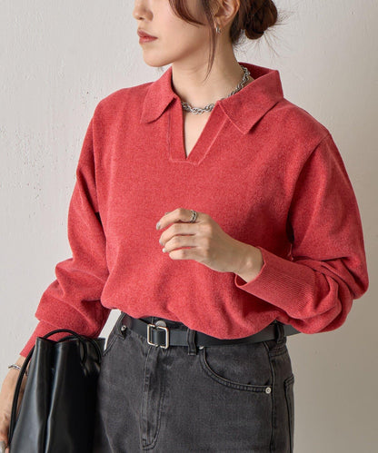 天鵝絨紗線開領翻領針織衫