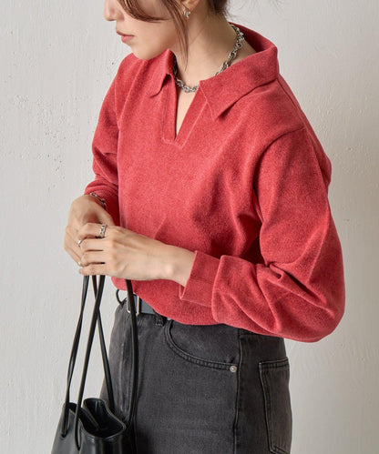 天鵝絨紗線開領翻領針織衫