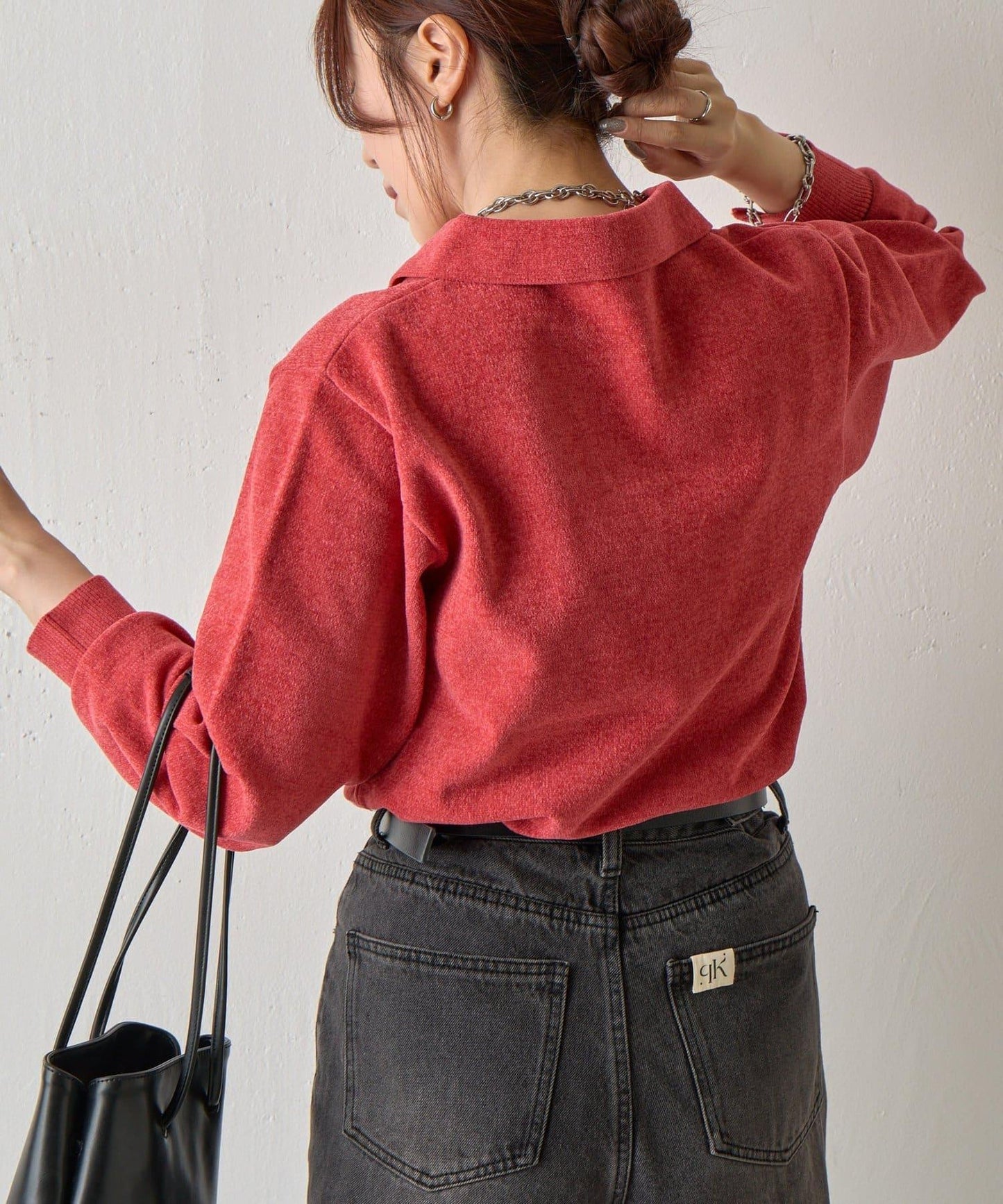 天鵝絨紗線開領翻領針織衫