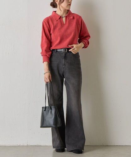 天鵝絨紗線開領翻領針織衫