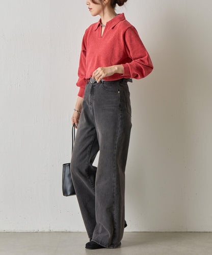 天鵝絨紗線開領翻領針織衫