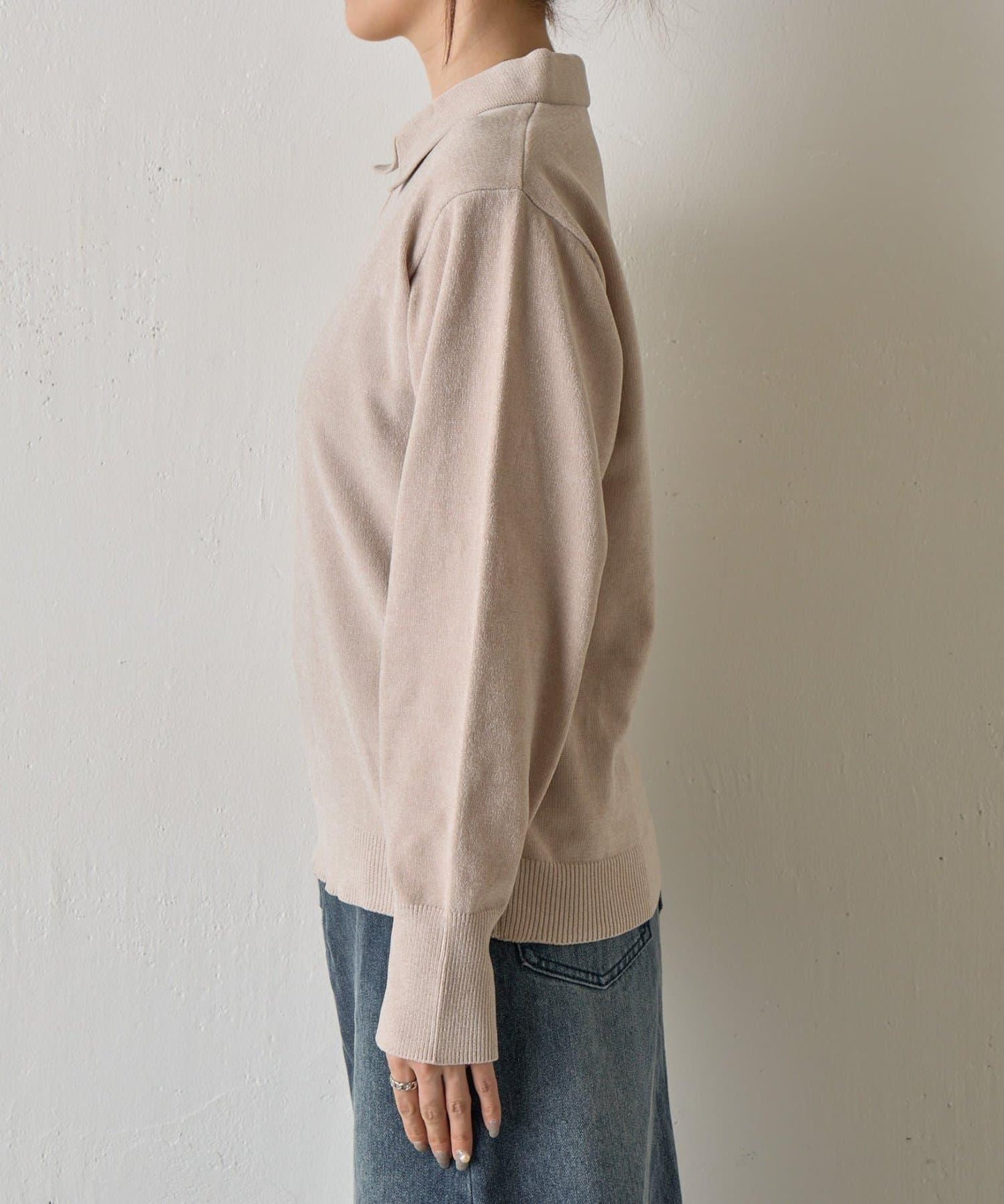 天鵝絨紗線開領翻領針織衫