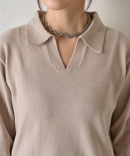 天鵝絨紗線開領翻領針織衫