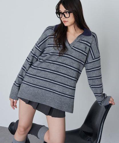 條紋翻領刺繡針織衫