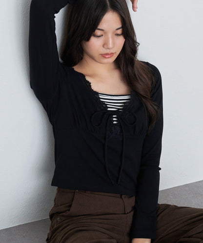 蕾絲拼接長袖T恤