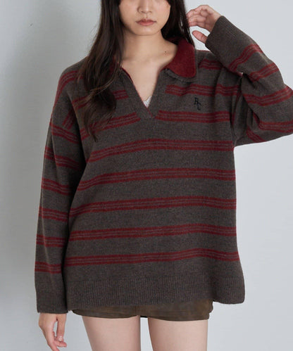 條紋翻領刺繡針織衫