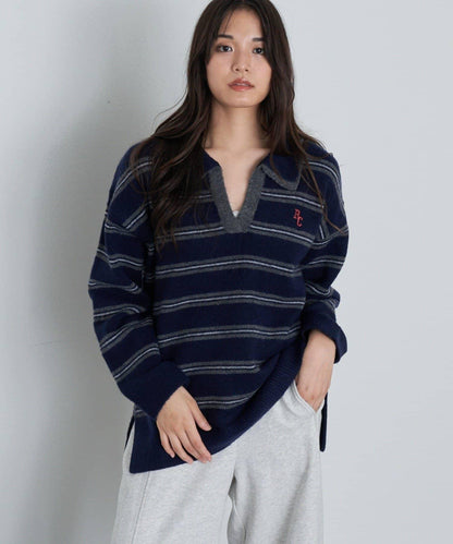 條紋翻領刺繡針織衫