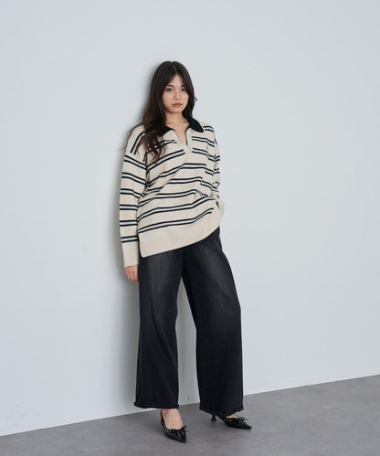 條紋翻領刺繡針織衫