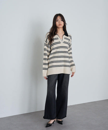 條紋翻領刺繡針織衫