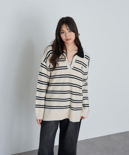 條紋翻領刺繡針織衫