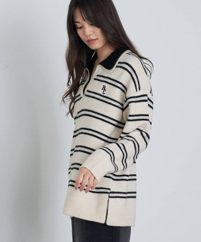 條紋翻領刺繡針織衫