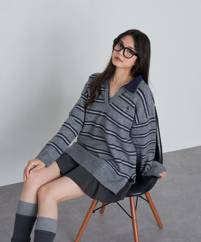 條紋翻領刺繡針織衫