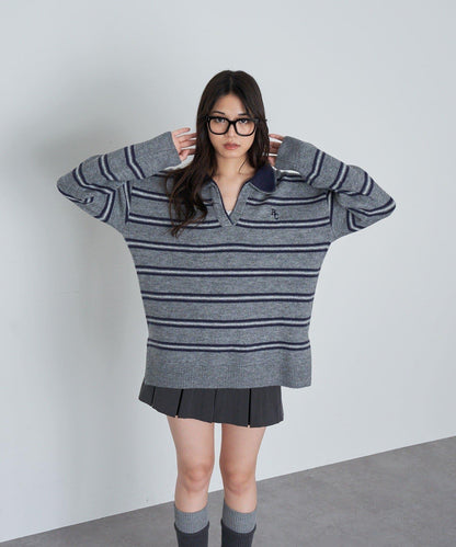條紋翻領刺繡針織衫