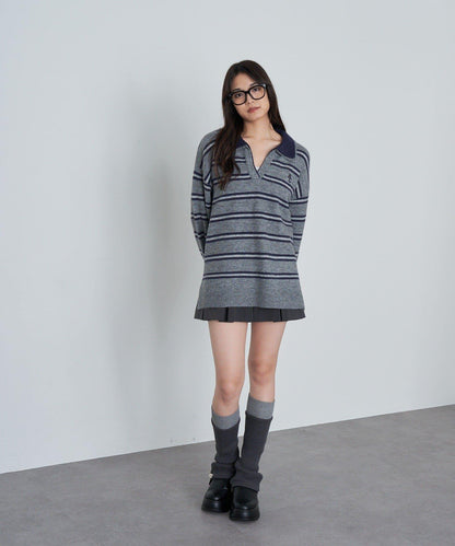 條紋翻領刺繡針織衫