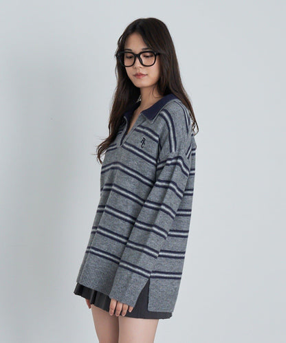 條紋翻領刺繡針織衫