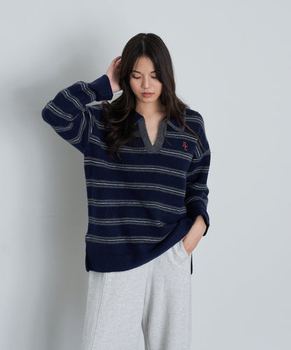 條紋翻領刺繡針織衫