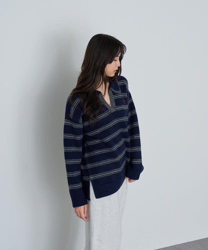 條紋翻領刺繡針織衫